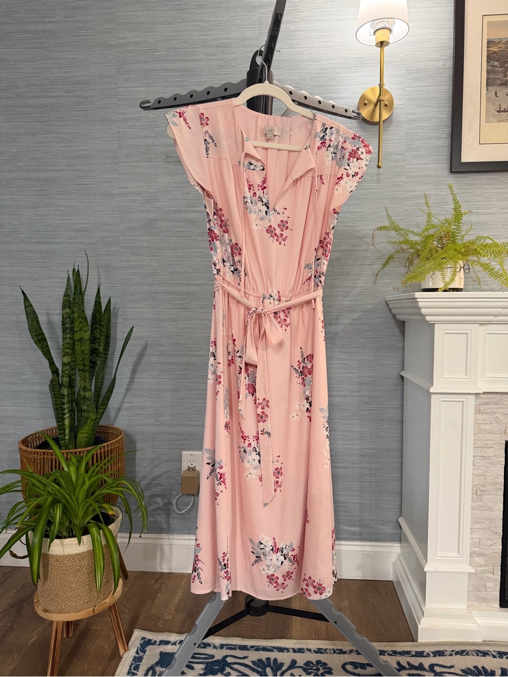 LOFT Pink Floral Tie-Waist Maxi Dress